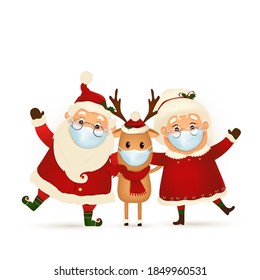 
Merry Christmas. Happy new year. Funny Santa Claus with cute Mrs. Claus, red-nosed Reindeer with medical maskisolated. Mrs. Claus Together. Vector cartoon character of Santa Claus.