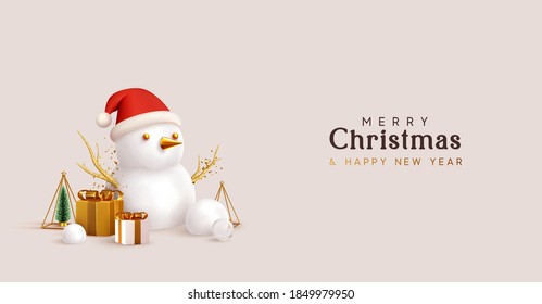 Merry Christmas and Happy New Year. Xmas Festive background. Realistic 3d objects snowman, gifts boxes, decorative design elements tree and snow. Holiday Greeting card, banner, web poster.