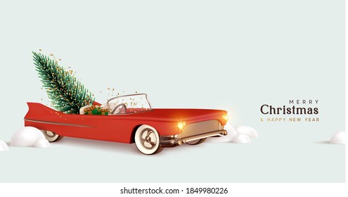 Merry christmas and Happy New Year. Red retro convertible car with Christmas tree. Xmas 3d design, vintage banner, modern poster, holiday flyer, template brochure. Winter vector illustration