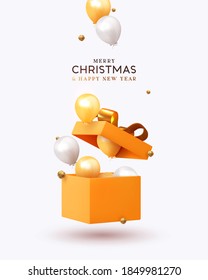 Merry Christmas And Happy New Year. Xmas Design Realistic Gifts Box, Falling Helium Balloons, 3d Golden Chocolate Candies. Holiday Gift Background. Poster, Banner, Brochure, Flyer. Vector Illustration