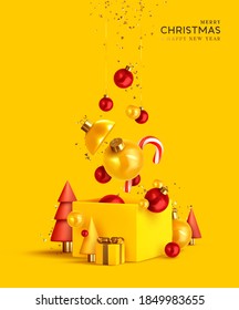 Merry Christmas and Happy New Year. Xmas design realistic abstract 3d objects. Gift box, bright bauble balls hanging from ribbon, conical pine tree, spruce, Soft yellow-red colors. vector illustration