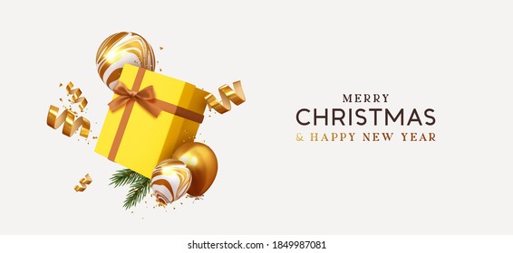 Merry Christmas and Happy New Year. Xmas design realistic yellow gifts box, falling helium balloon, 3d golden confetti. Holiday gift background. Banner, poster, header for website. vector illustration