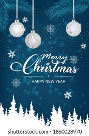 Merry Christmas and Happy New Year. Xmas design , bright  balls hanging from ribbon,  Soft blue-white colors. vector illustration