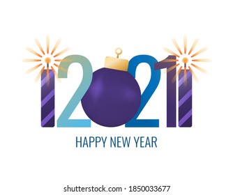 Merry Christmas and Happy New Year 2021. Illustration of numbers 2021, Christmas tree decoration balls, firecrackers or fireworks. Happy New Year element design for calendar and background