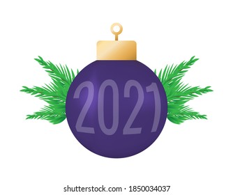 Merry Christmas and Happy New Year 2021. Illustration of numbers 2021, Christmas tree decoration balls, spruce tree leaves. Happy New Year element design for calendar and background