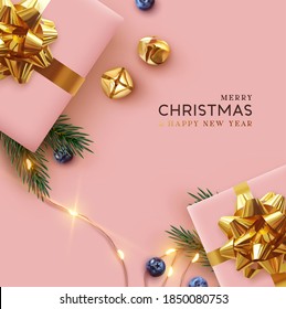 Merry Christmas and Happy New Year. Background Xmas design realistic gifts box, festive decorative objects. flat lay top view. Christmas poster, holiday banner, flyer, stylish brochure, greeting card