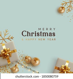 Merry Christmas and Happy New Year. Background with realistic festive gift box. Xmas present. Gift boxes with surprise, Golden Christmas baubles, balls. Flyer and brochure. glitter gold confetti