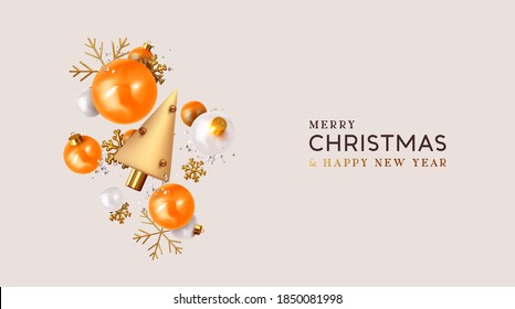 Merry Christmas and Happy New Year. Xmas Festive background with realistic 3d object, orange and white bauble balls, conical metal christmas tree. Gold snowflake. Levitation falling design compositio