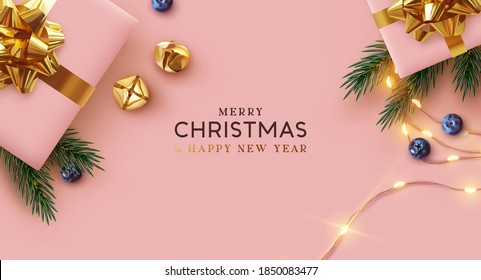 Merry Christmas and Happy New Year. Background Xmas design realistic gifts box, festive decorative objects. flat lay top view. Christmas poster, holiday banner, flyer, stylish brochure, greeting card