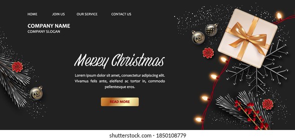 Merry Christmas and Happy New Year landing page template with Christmas decorations