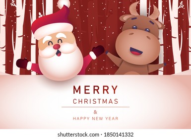 Merry christmas and happy new year 2021 greeting card with bull.