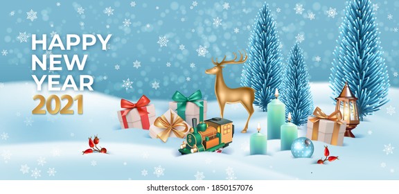 Merry Christmas and Happy New Year winter landscape with a deer, Christmas gifts and a toy train