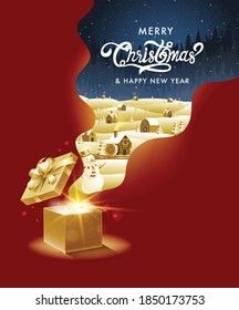 Merry Christmas, Happy New Year, Calligraphy, Golden ,Landscape Fantasy , Vector Illustration.