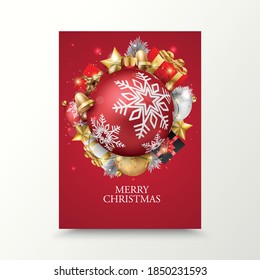 Merry christmas and happy new year banner with red and gold balls and confetti	

