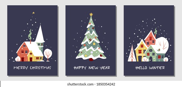 Merry Christmas and Happy New Year greeting card set. Small winter town and christmas tree covered with snow. Vector illustration in trendy flat style for cards, covers, invitations, posters, banners