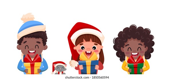 Merry Christmas and Happy New Year greeting card or banner. Cartoon characters African American children and cat isolated on white background. Vector flat illustration