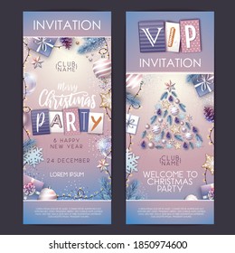 Merry Christmas and Happy New Year greeting card. Christmas holiday invitation with fir tree, snowflakes, glass balls, pine cones and stars