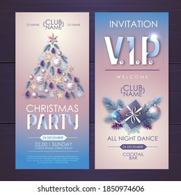 Merry Christmas and Happy New Year greeting card. Christmas holiday invitation with fir tree, snowflakes, glass balls, pine cones and stars