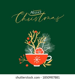 Merry Christmas and Happy New Year greeting card with cup decorated by berries and branches. Vector illustration