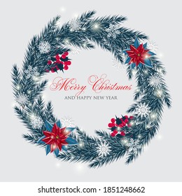 Merry Christmas and Happy New Year greeting card or party invitation with winter illustration sale banner background fir tree poinsettia flowers wreath