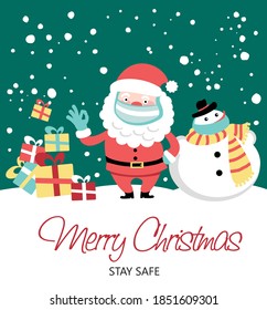 Merry Christmas and happy new year greeting poster. Holiday cartoon character. Stay safe. Vector.
