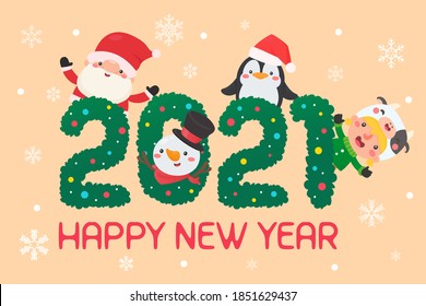 merry christmas and happy new year 2021. Cartoon characters santa and kids happy christmas.