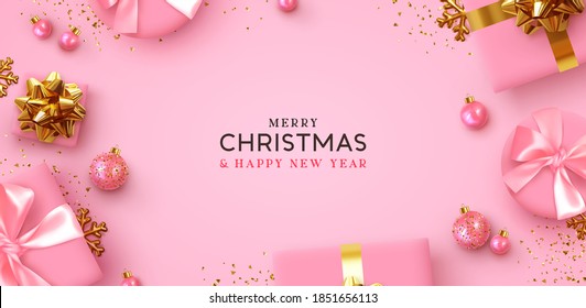 Merry Christmas and Happy New Year. Background Xmas design of realistic gifts box, 3d bauble balls, glitter gold confetti. Christmas poster, greeting cards. Flat lay, top view. Holiday composition