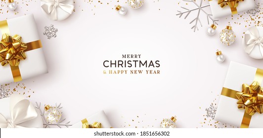 Merry Christmas and Happy New Year. Background Xmas design of realistic gifts box, 3d bauble balls, glitter gold confetti. Christmas poster, greeting cards. Flat lay, top view. Holiday composition