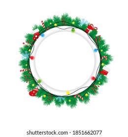 Merry Christmas and Happy New Year border or frame with fir branches on White Background,vector illustration