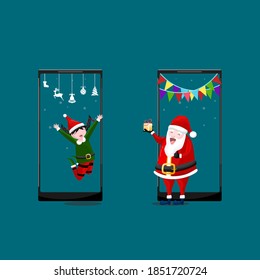 Merry Christmas and happy new year online and Social distancing concept.  Santa claus with children and giant smartphone. Vector illustration design.