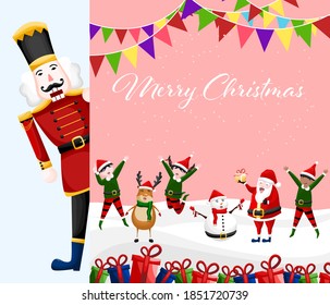 Merry Christmas and happy new year concept. Santa claus, kid boy and girl with giant nutcracker. Vector illustration design.