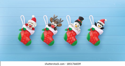 Merry Christmas and Happy and happy new year. Santa Claus, Snowman, Reindeer and penguin in the red sock, digital clay art style