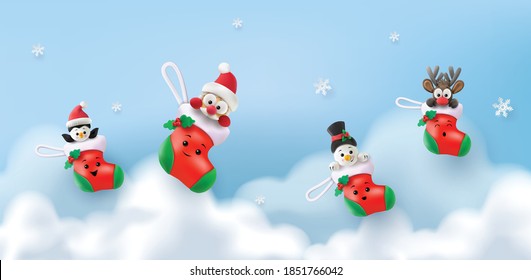 Merry Christmas and Happy and happy new year. Santa Claus, Snowman, Reindeer and penguin in the red sock, digital clay art style