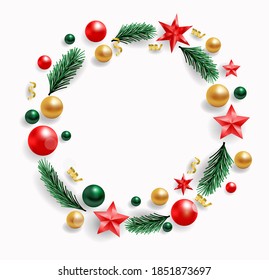 Merry Christmas and Happy New Year background. Christmas wreath isolated on white backdrop. Top view, copy space, vector illustration