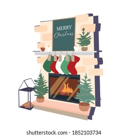 Merry christmas, Happy new year. Cozy house with a fireplace. Decorate the fireplace with socks. Presents. Miracle and magic. Christmas tree. Vector illustration isolated. Postcards, posters, banner.