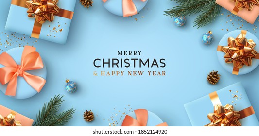 Merry Christmas and Happy New Year. Background Xmas design of realistic gifts box, 3d bauble balls, glitter gold confetti. Christmas poster, greeting cards. Flat lay, top view. Holiday composition