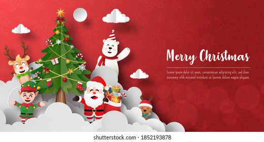 Merry Christmas and Happy New Year, Christmas banner postcard of Santa Claus and friends with christmas tree
