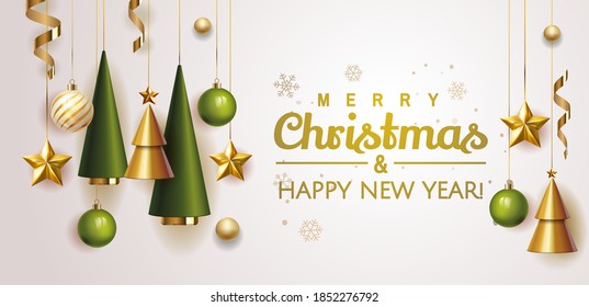 Merry Christmas and Happy New Year Holiday white banner illustration. Xmas design with realistic vector 3d objects, christmas tree, golden Christmas ball, snowflake, glitter gold confetti. Vector