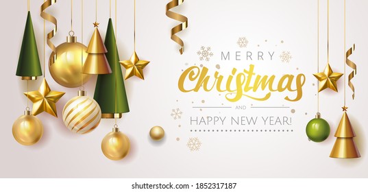 Feliz Navidad y Feliz Año Nuevo. Ilustración de pancartas blancas. Diseño de navidad con objetos vectoriales realistas en 3d, árbol de navidad, bola de oro de Navidad, copo de nieve, confeti dorado brillante. Vector