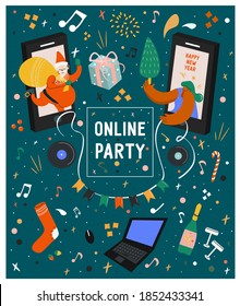 Merry Christmas and Happy New Year. Online celebration. Online party. Online festival. Holidays in the period of self-isolation. Bright vector flat holiday poster in cartoon style with girl and Santa