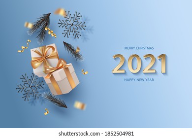 Merry Christmas and Happy New Year banner with falling gifts and golden numbers 2021. 3D vector illustration