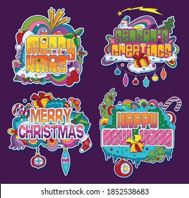 Merry Christmas and Happy New Year, Season's Greeting Stickers, Colorful Drawings