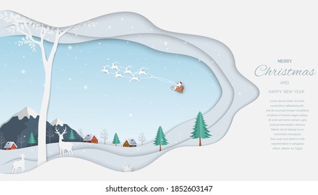 Merry Christmas and Happy new year greeting card,reindeer with Santa Claus on winter background,vector illustration