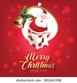Merry Christmas and happy new year, 2021, vector art and illustration. Santa Claus, noel, gift box, bell, snow, christmas balls. Banner, frame, header, background or greeting card design. 