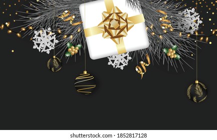 Merry Christmas and Happy New Year greeting with festive Christmas balls and gifts. holiday