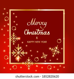 Merry Christmas and Happy New Year. Vector illustration with snowflakes and sparkles. Gold frame on red background. Christmas and New Year greeting card. Template for your text