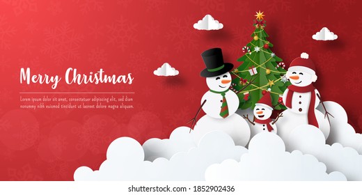 Merry Christmas and Happy New Year, Christmas banner postcard of Snowman with Christmas tree