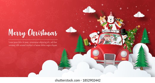 Merry Christmas and Happy New Year, Christmas banner postcard of Santa Claus and friends in a Christmas car