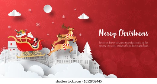 Merry Christmas and Happy New Year, Christmas banner postcard of Santa Claus on a sleigh in the village