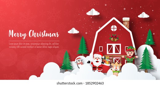 Merry Christmas and Happy New Year, Christmas banner postcard of Santa Claus and friends with red house